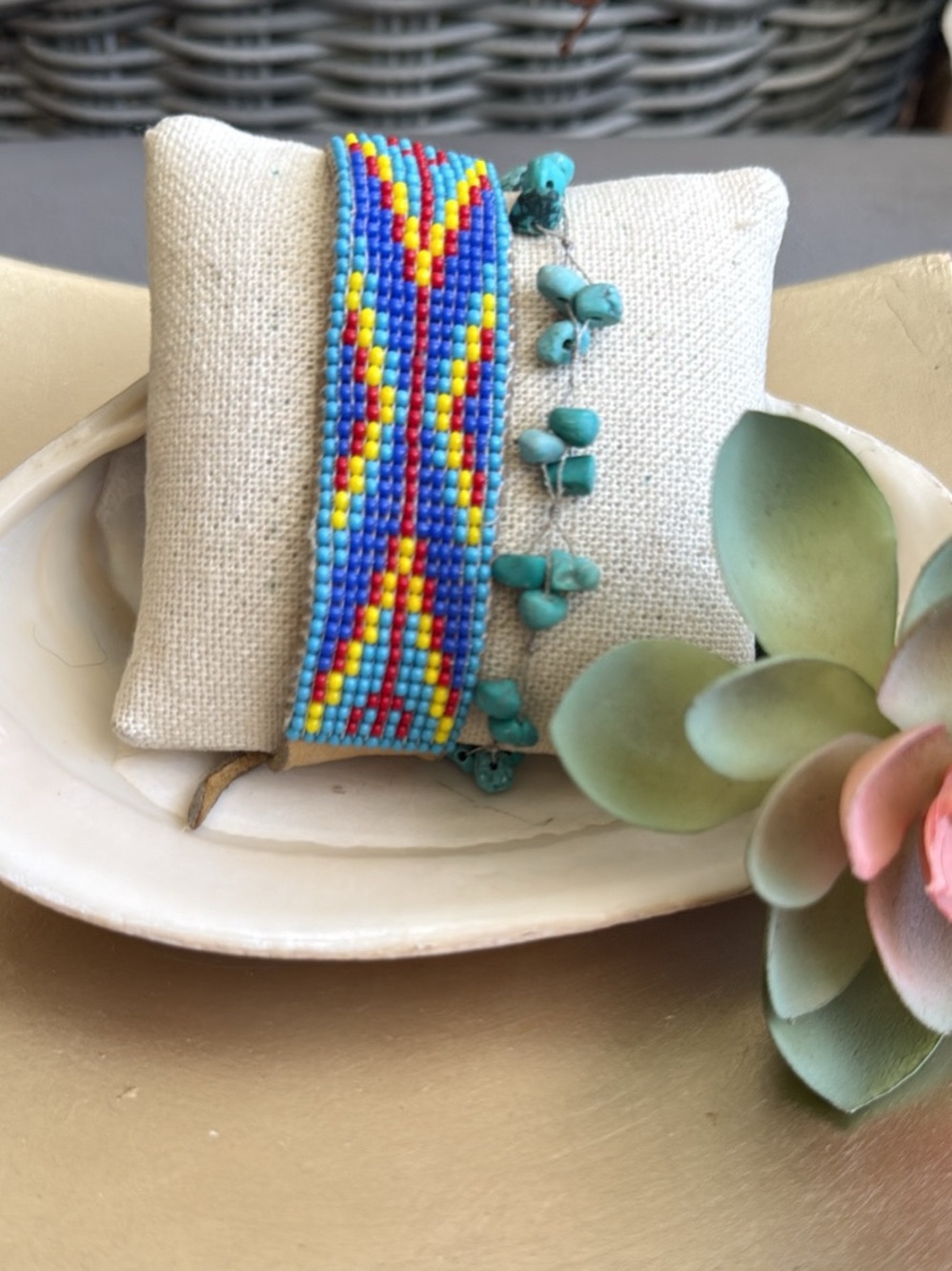 Native American Leather Multicolor Beaded Seed Bead Bracelet Set Turquoise Chips